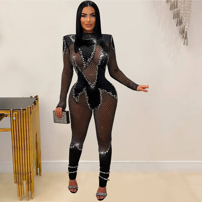 Women Solid Mesh Rhinestone Long Sleeved Trousers Jumpsuit