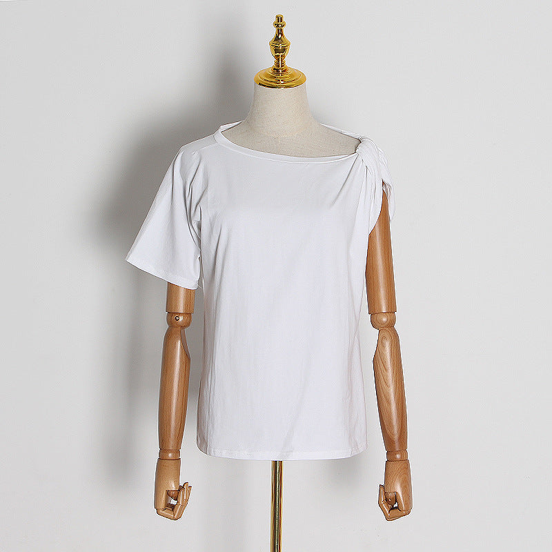 Special Solid Color T shirt Autumn Irregular Asymmetric Shoulder Twist Design round Neck Pullover Cotton Short Sleeve