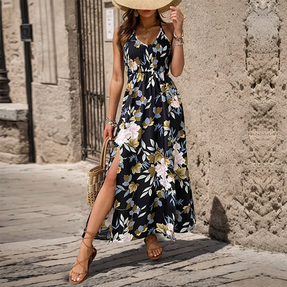 Summer Printing A Line Long Split Sling Backless Dress