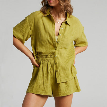 Solid Color Shirt Outfit Women Casual Loose Short Sleeves Single Breasted Women Clothing Spring Summer Shorts Two Piece Set