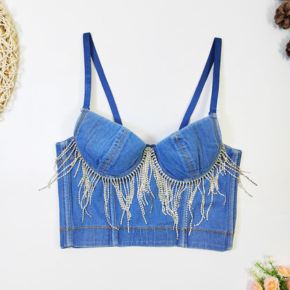 Triangle Cup Boning Corset Corset Short Sexy Tassel Chain Decoration Vest Denim Camisole V neck Tube Top