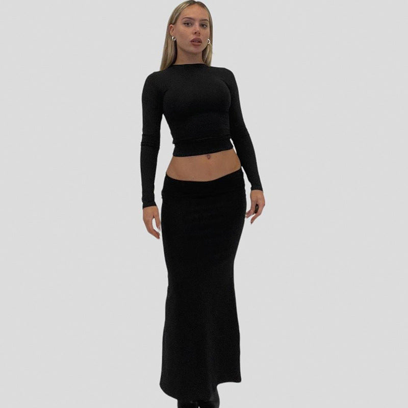 Frühling Sommer Casual Damen Kleidung Einfarbig Schlank Split Low Waist Rock Reißverschluss Kapuzenoberteil Zweiteiliges Set