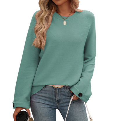 Women Clothing Popular Women Round Neck Button Cored Yarn Long Sleeve Sweater Women