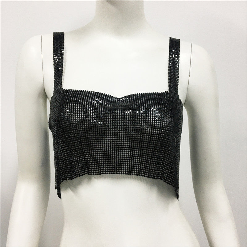 Ropa de mujer Chaleco de lentejuelas de metal Sexy Fiesta Discoteca Dulce Picante Lentejuelas Sling