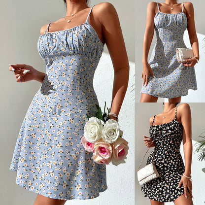 Summer New Women Printed Stretch Zou Strap Dress