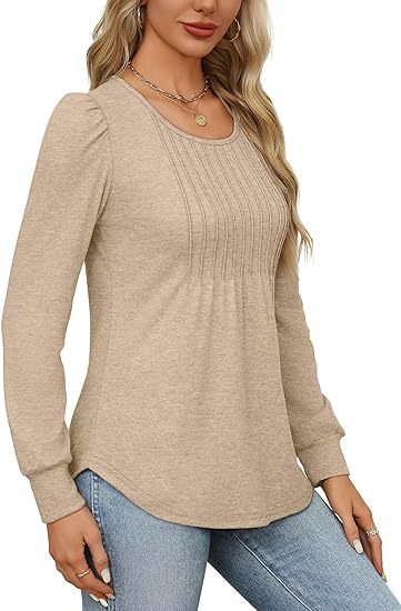 Damen Kleidung Puffärmel Taille Plissee Rundhals Langarm T-Shirt Top