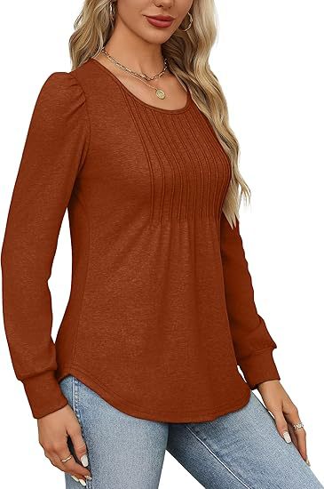 Damen Kleidung Puffärmel Taille Plissee Rundhals Langarm T-Shirt Top