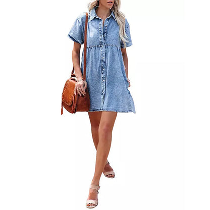 Washed Denim Collared Loose Sweet Lotus Leaf Dress Short Dress