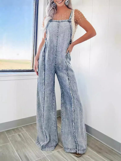 Spring Loose Fitting Overalls Women Retro Washed Raw Hem Wide Legs Jumpsuit