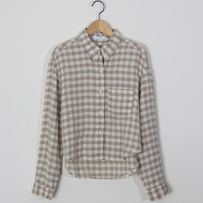 Camisa Retro de lino y algodón con bolsillo a cuadros para principios de otoño, cárdigan informal corto de manga larga con cuello de viento perezoso que combina con todo