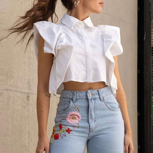 Summer Popular Short Sleeve Slim Fit Cropped Ruffle Sleeve Shirt for Women