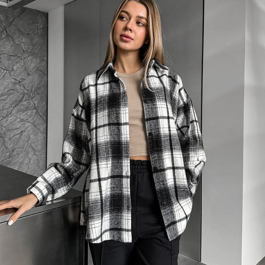 Retro Classic Loose Black White Plaid Shirt Casual Popular Long Sleeve Shirt Women