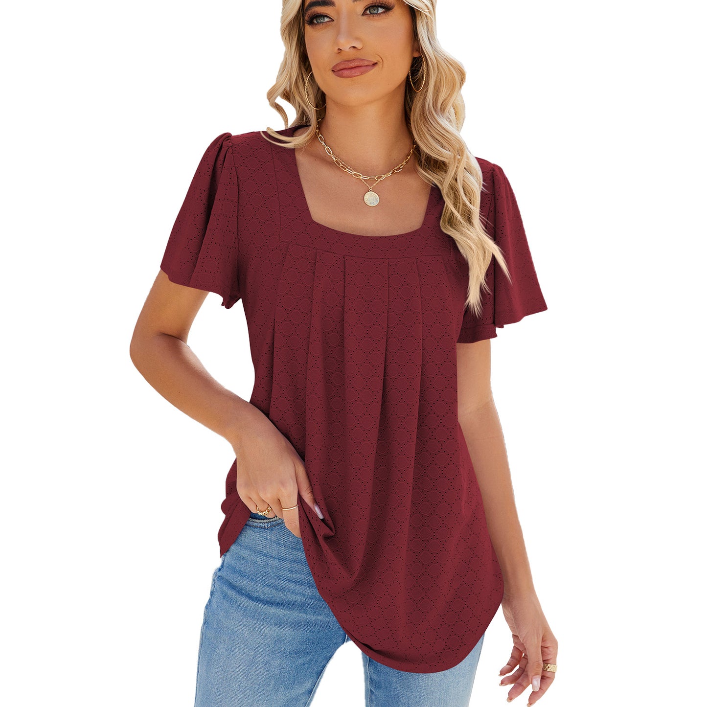 Spring Summer Solid Color Square Collar Pleated Short Sleeves Loose Fitting T shirt Top Women