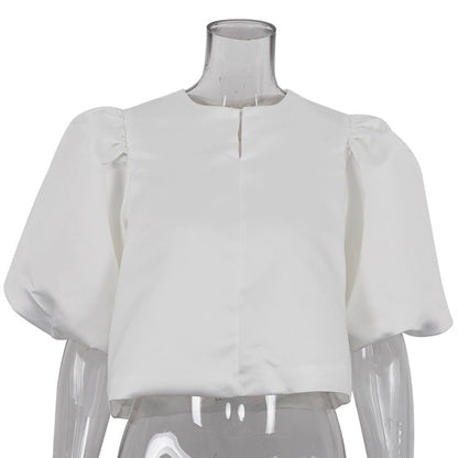 Spring Summer Satin Puff Sleeve Short Top Loose White Shirt