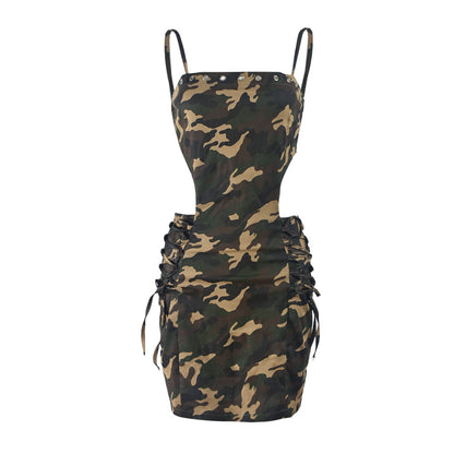 Vestido de cadera con cordones y escote calado de camuflaje elástico con correa para el hombro para mujer