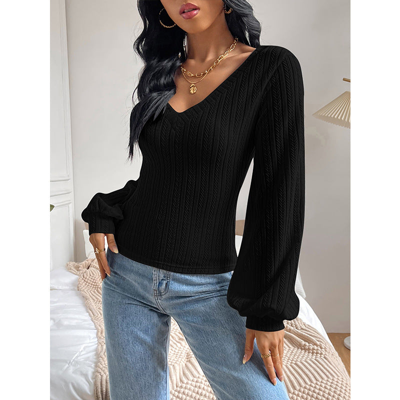 V neck Puff Sleeve Shirt Slim Office Twist Knitted Long-Sleeved Top