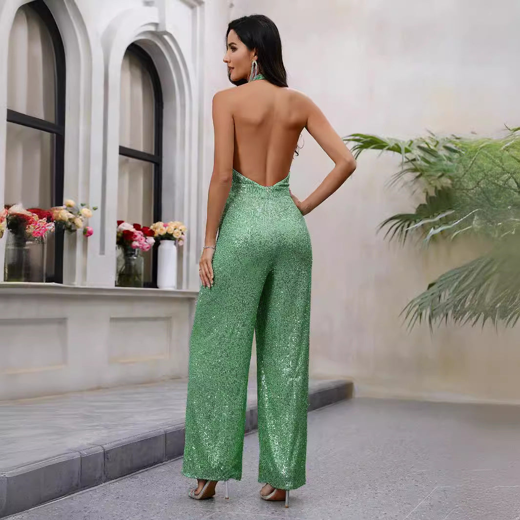 Sommer Sexy Elegante Frauen Kleidung V hals Neckholder Backless Overall Pailletten Hose