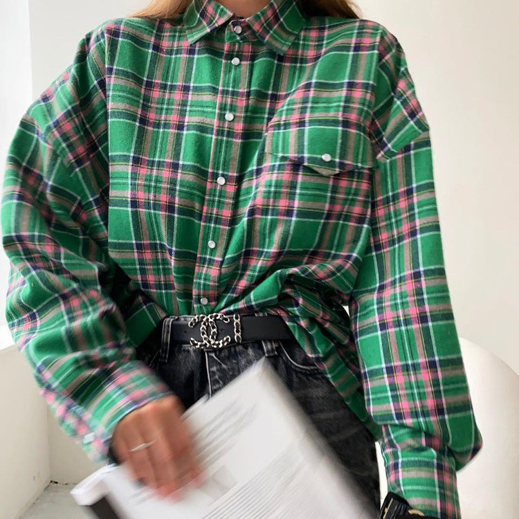 Women Clothing Autumn Winter Retro Loose Plaid Shacket Collared Long Sleeve Shirt