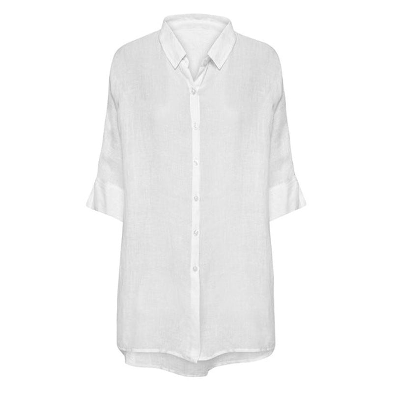 Camisa de lino puro para mujer, camisa holgada de media manga, informal, para oficina, viento, corto por delante, chaqueta de diseño larga trasera