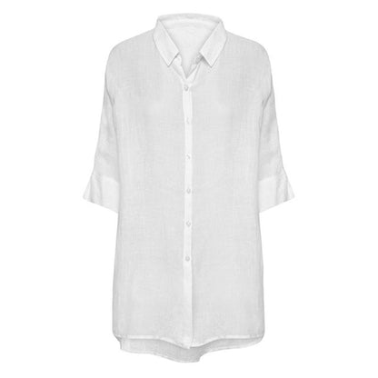 Camisa de lino puro para mujer, camisa holgada de media manga, informal, para oficina, viento, corto por delante, chaqueta de diseño larga trasera