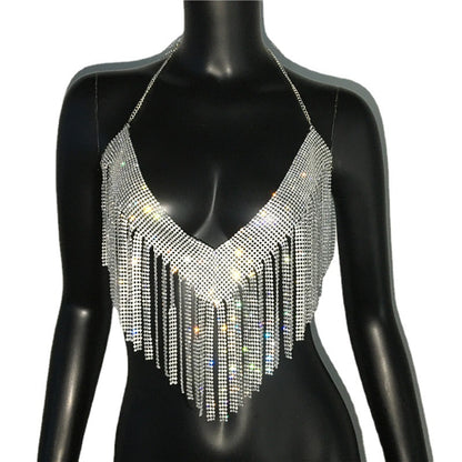 Ropa de mujer Top de diamantes de imitación de metal Traje sexy de fiesta con diamantes de imitación Club nocturno Sexy Sling