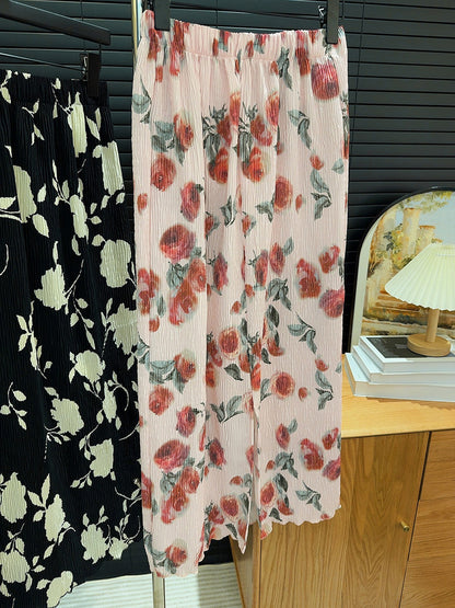 Vintage Floral Split Skirt Summer New High Waisted A Line Midi Length Skirt