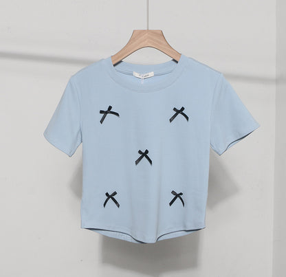 Real Shot Short Sleeved T shirt Summer Three Dimensional Bow Slim Short round Neck Top