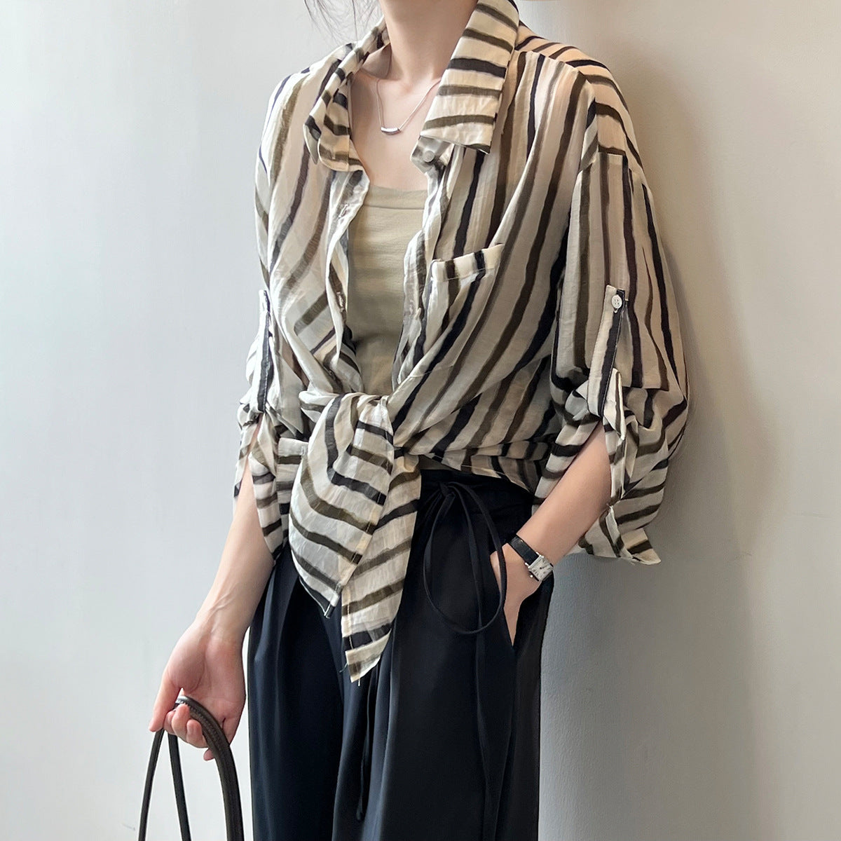 Thin Vintage Striped Shirt Women Summer Loose Stylish Long Sleeves Cardigan Shirt