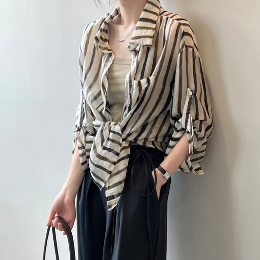 Thin Vintage Striped Shirt Women Summer Loose Stylish Long Sleeves Cardigan Shirt