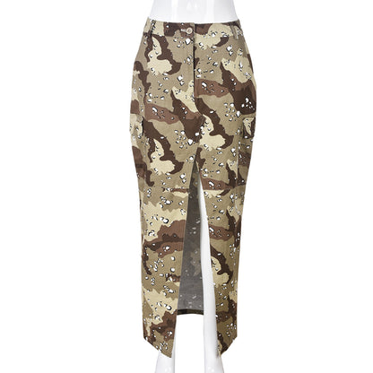 Damenbekleidung Frühling Sommer Personalisierter Camouflage-Wasch-Taschen-Reißverschluss-Split-Rock für Damen