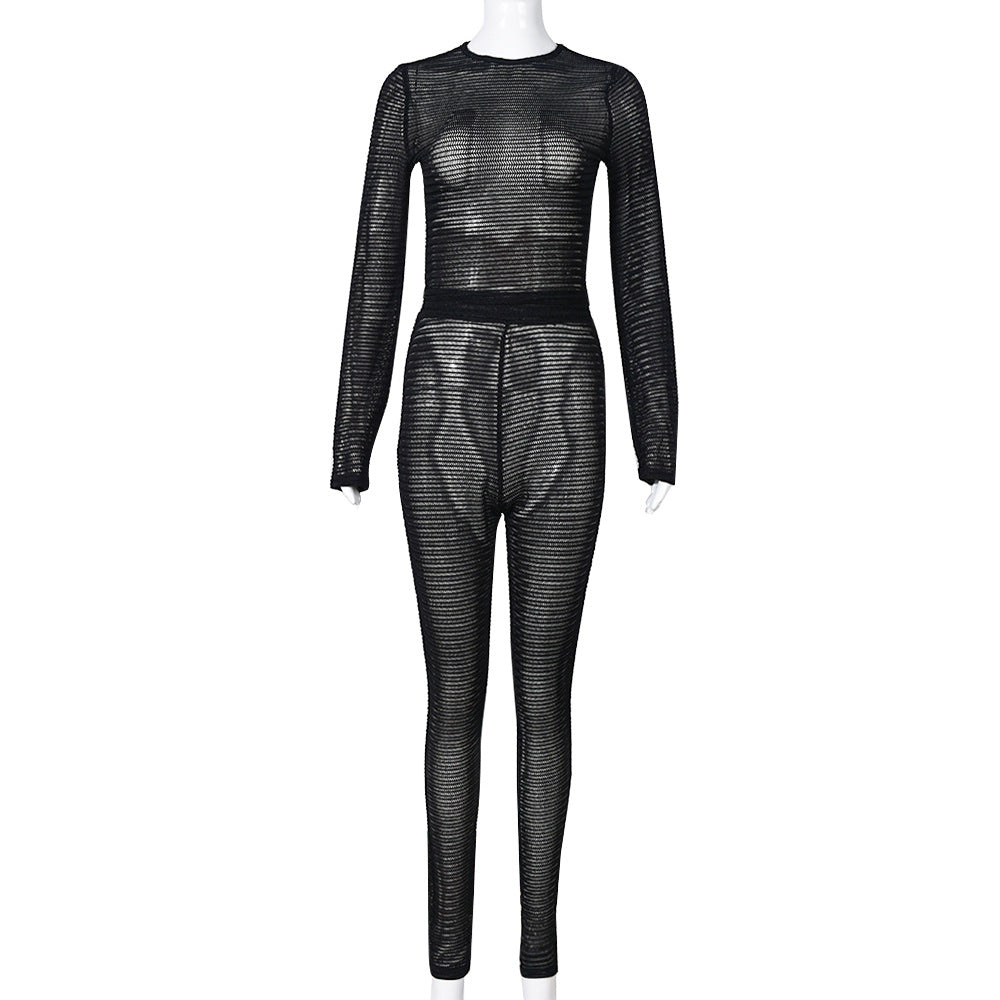 Women Clothing Trousers Long Sleeve Sexy round Neck Top See through Two Piece Set