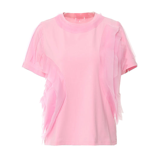 Spring Heavy Industry Net Yarn Striped Stitching Streamline Irregular Asymmetric T shirt Top for Women