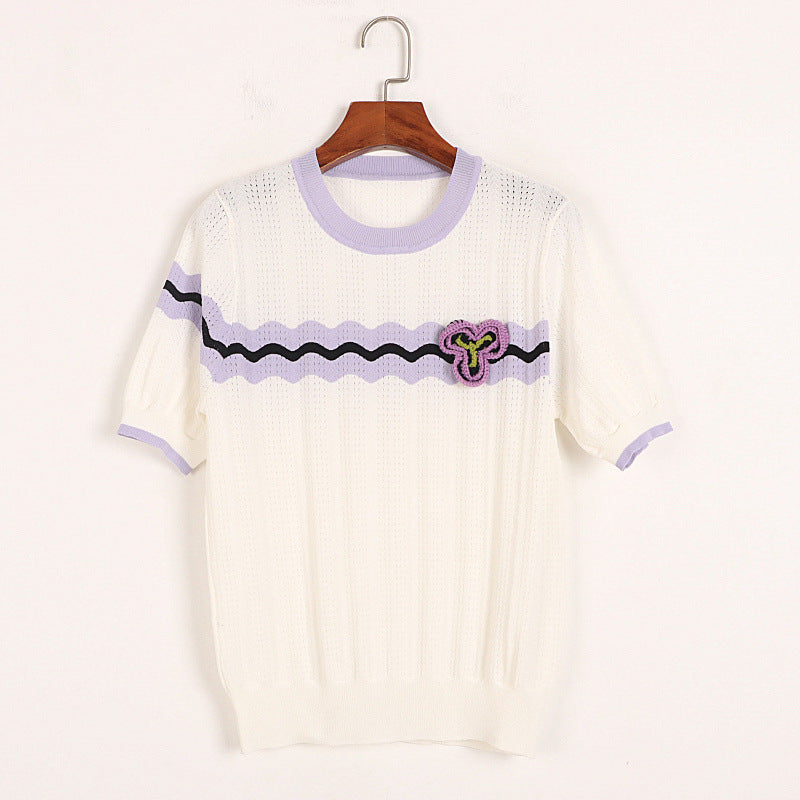 Wave Color Matching Short Sleeve T shirt Thin Summer College Ice Silk Crocheted Pointelle Color Striped Sweater