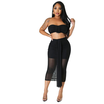 Summer Women Clothing Sexy Mesh See Through Wrapped Chest Skirt Two Piece Set