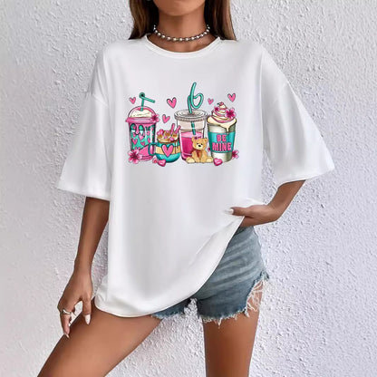 Sommer Damen Casual All Match Rundhals Cartoon Getränke Druck Kurzarm Lose T-Shirt