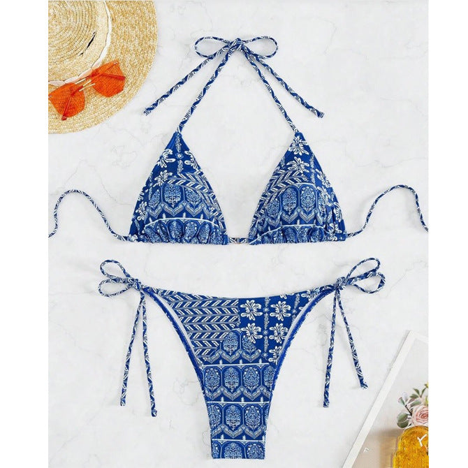 Split Bikini Printing Stitching Bandage Swimsuit