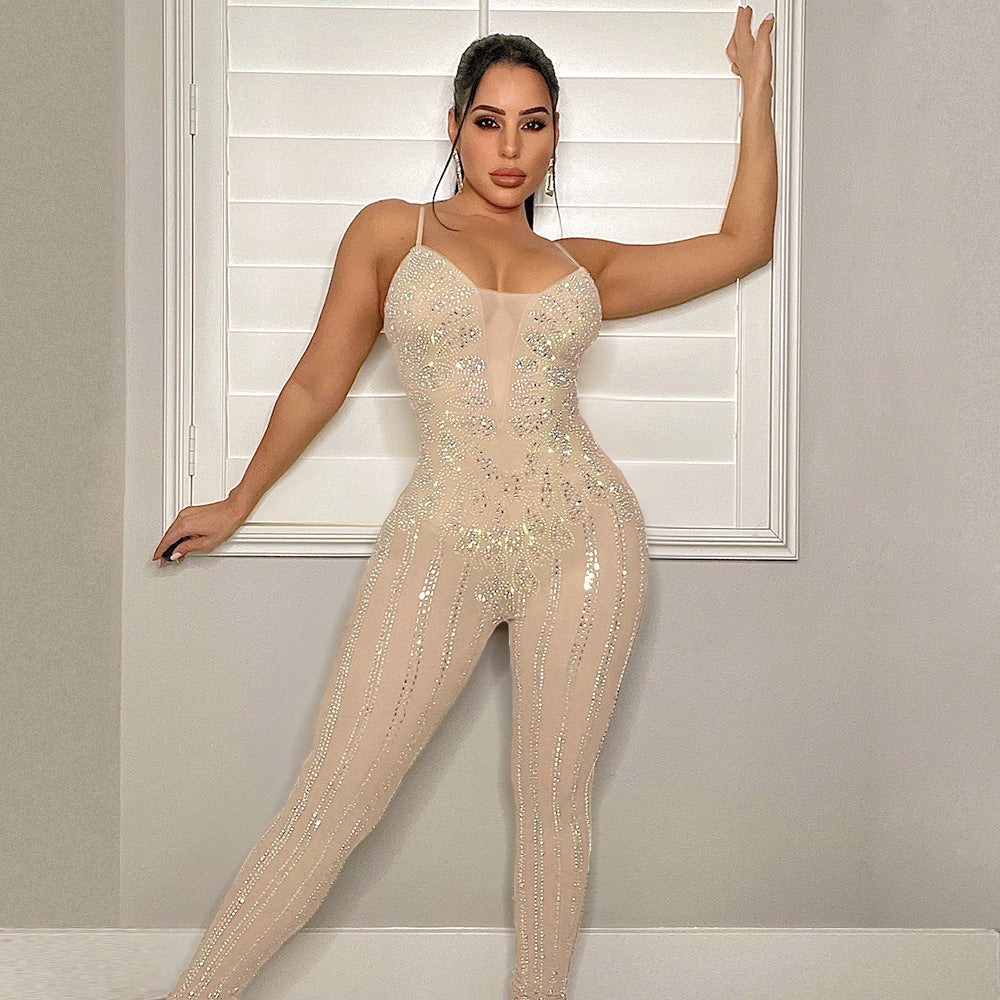 Sexy durchsichtiger Mesh-Jumpsuit mit Strasssteinen, ärmellos, Sling-Overall für Damen