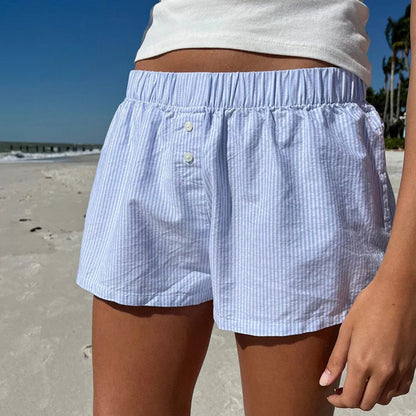 Pantalones cortos de playa a rayas azules simples para vacaciones, pantalones informales holgados con cintura elástica para deportes en casa para mujer