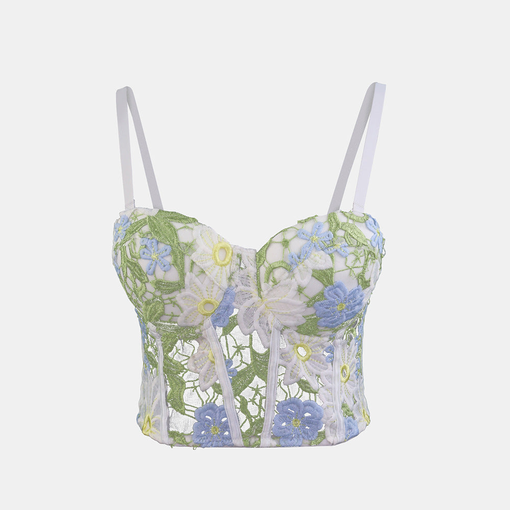 Ropa de abrigo transpirable de malla Floral para verano, sujetador con corsé, ropa interior de encaje Soluble en agua interior, mochila fresca, chaleco con eslinga