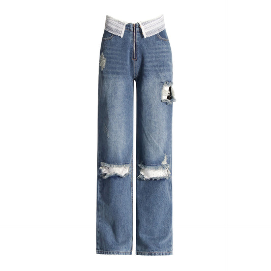 Modische, personalisierte Hose mit Spitzennähten und geradem Bein, Frühling/Sommer, trendige Jeans mit zerrissenem Design für Damen