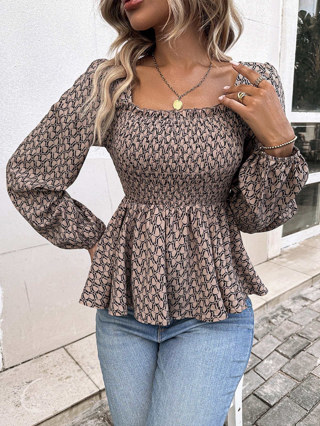 Women Clothing Square Collar Printing Long Sleeve Shirt Top Waist Slimming Lantern Sleeve Shirt