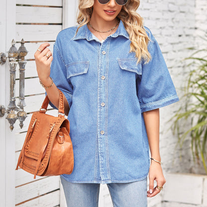 Mujer Ropa Comercio Denim Un solo pecho Camisa casual de manga corta Mujer