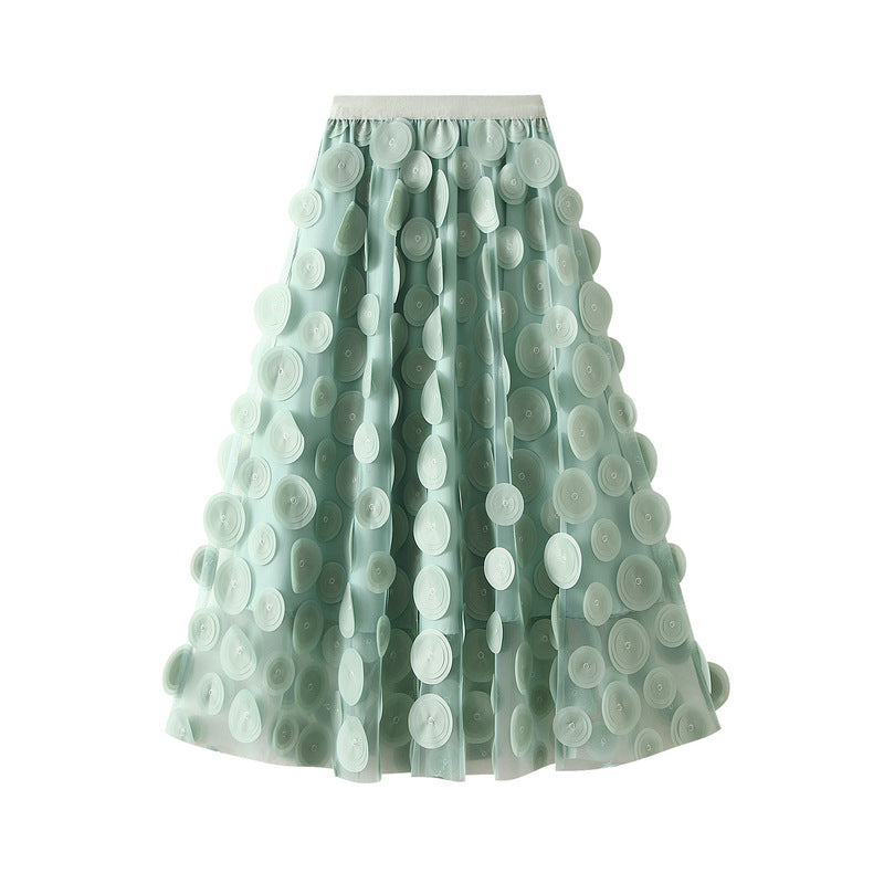 Heavy Industry Three Dimensional Polka Dot Black Mesh Skirt Hepburn Mid Length Umbrella Skirt