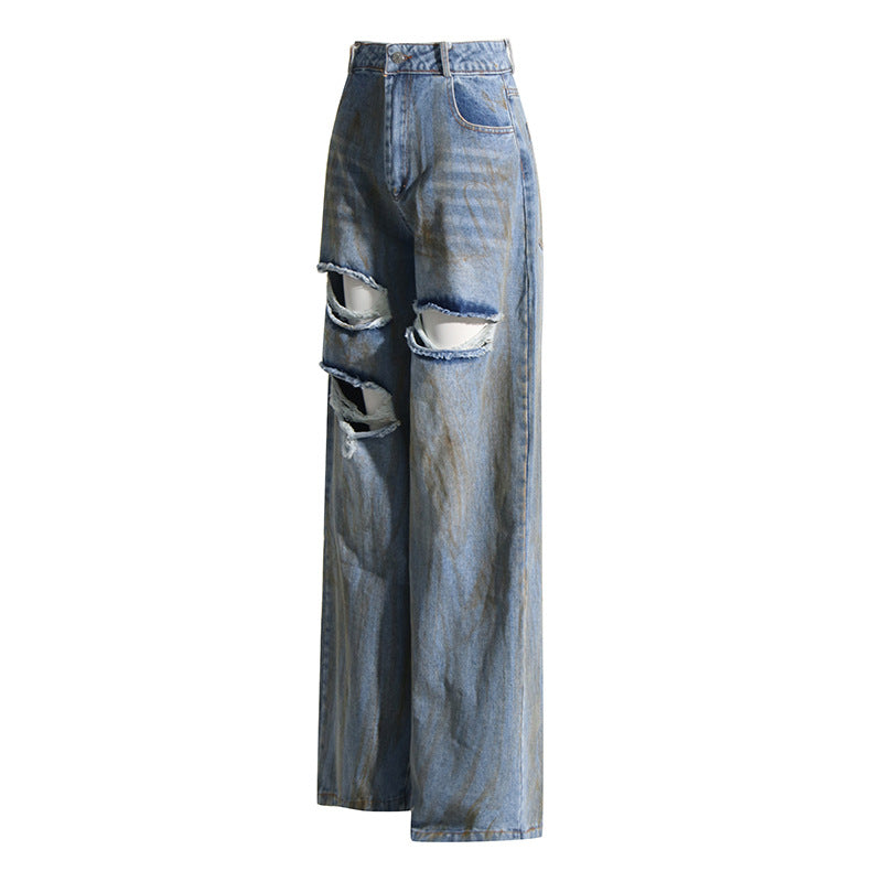 Frühlings-Nischendesign, mittelhohe Taille, Persönlichkeit, zerrissene Kanten, bemalte lange Denim-Hose mit weitem Bein für Damen