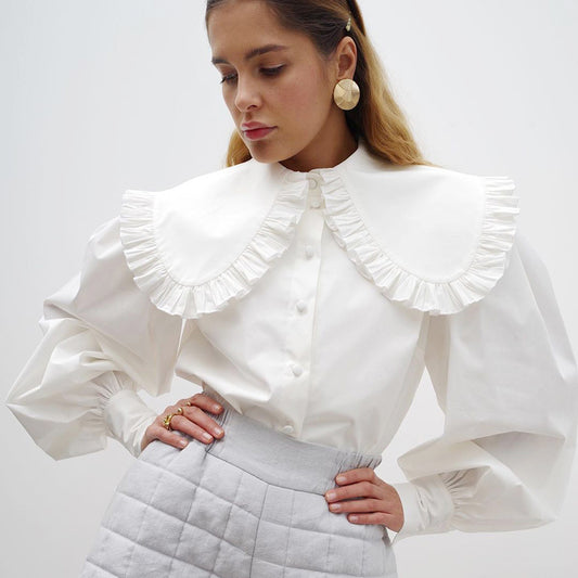 Camisa de algodón blanca con cuello de muñeca de palacio francés para mujer, camisa de manga larga con estampado de hongos de primavera