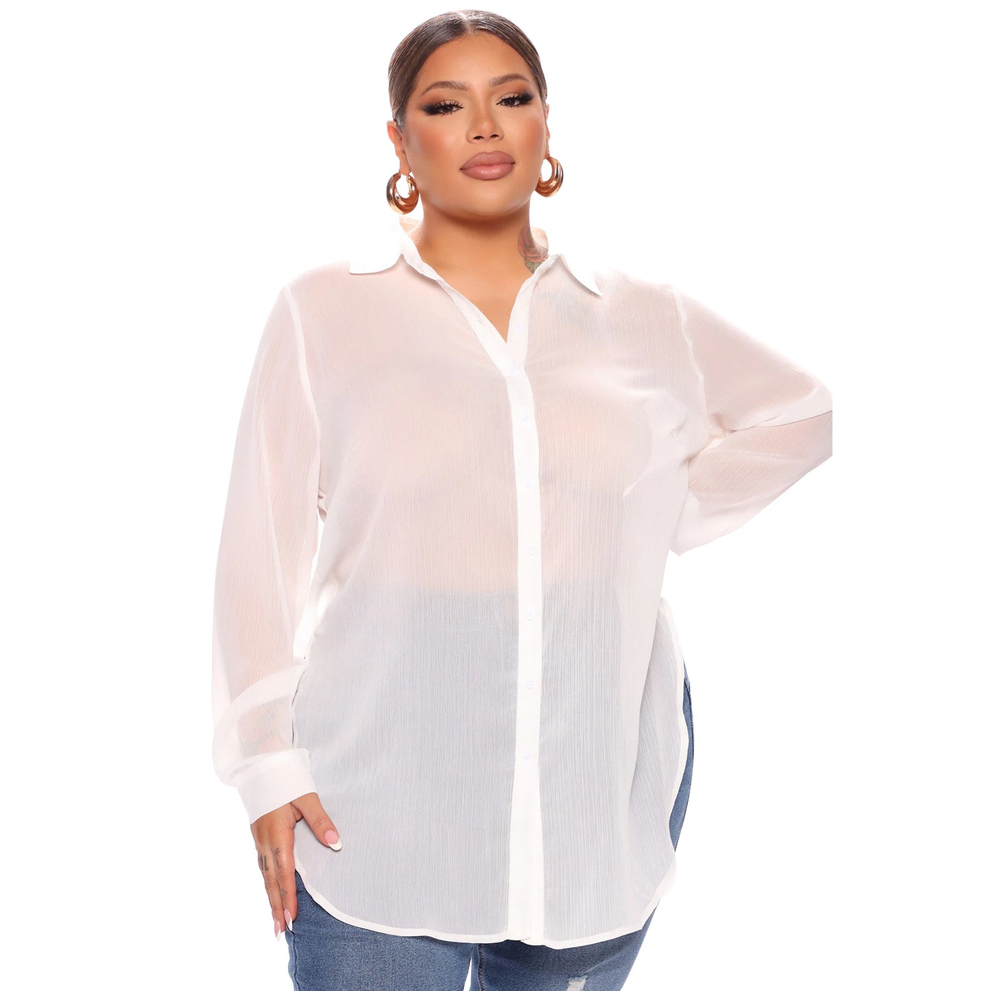 Ropa de verano para mujer, camisa de manga larga, ropa sexy transparente con protección solar para mujer