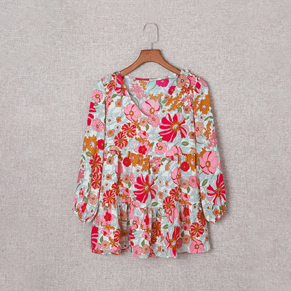 Floral Chiffon Shirt Top Women Autumn Simple Printed V neck