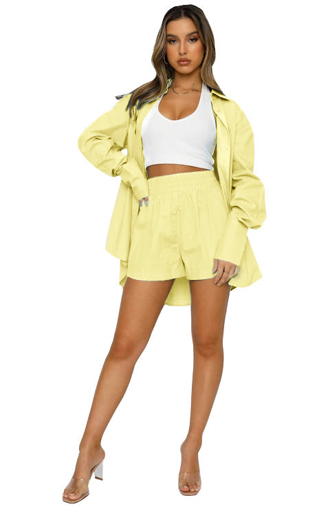 Women Clothing Summer Solid Color Casual Loose Collared Long Sleeves Shirt High Waist Shorts Two-Piece Set