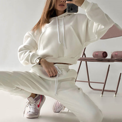 Solid Color Casual Sports Sweater Suit Women Fall Winter Hooded Sweatshirt Sweatpants Two Piece Set Women