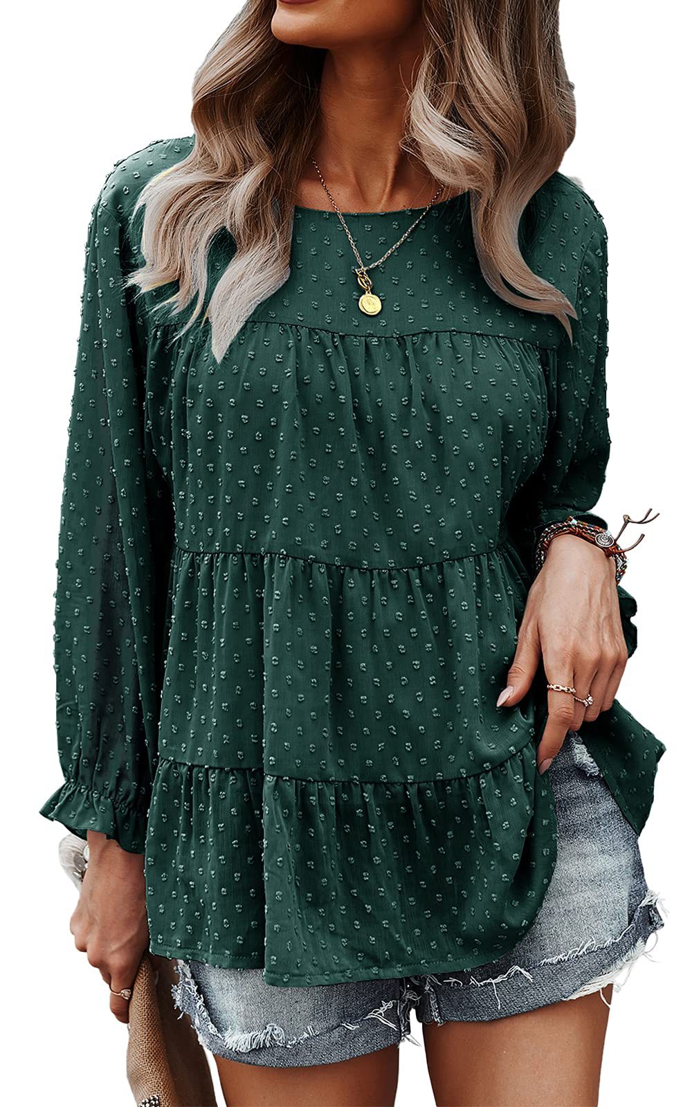 Women Clothes Spring Autumn Loose Chiffon Shirt Long Sleeve round Neck Ruffle Top Babydoll